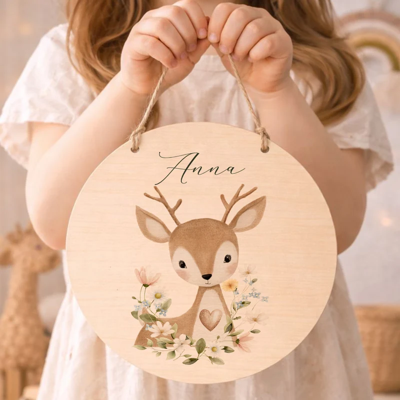 Personalisierte Holzschilder mit Namen – Süße Waldtiere Motive im Boho-Stil – Rundes Türschild & Wanddeko fürs Kinderzimmer 20cm