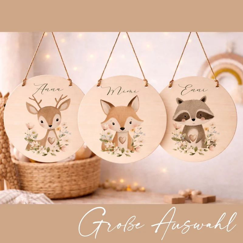 Personalisierte Holzschilder mit Namen – Süße Waldtiere Motive im Boho-Stil – Rundes Türschild & Wanddeko fürs Kinderzimmer 20cm