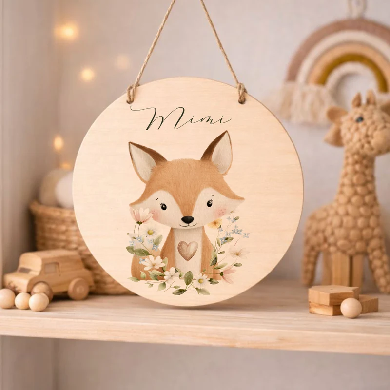 Personalisierte Holzschilder mit Namen – Süße Waldtiere Motive im Boho-Stil – Rundes Türschild & Wanddeko fürs Kinderzimmer 20cm