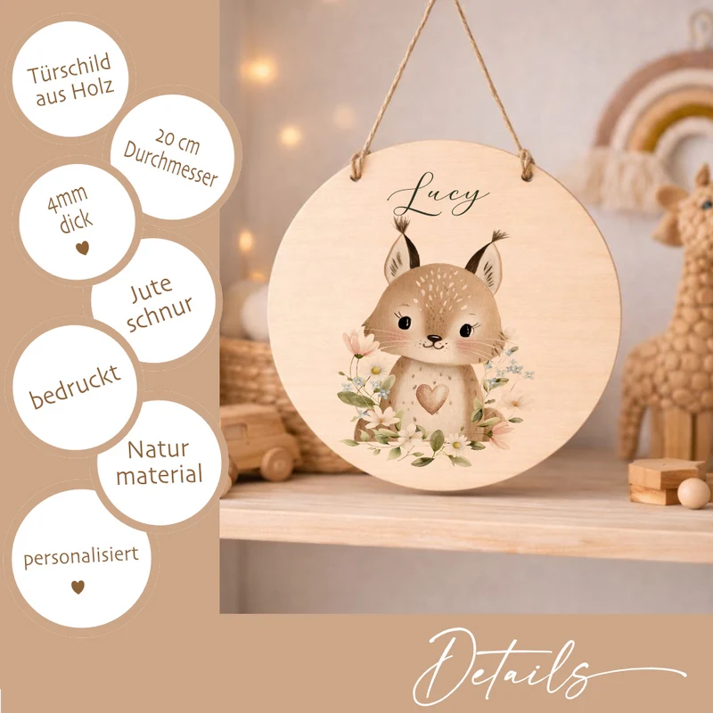 Personalisierte Holzschilder mit Namen – Süße Waldtiere Motive im Boho-Stil – Rundes Türschild & Wanddeko fürs Kinderzimmer 20cm
