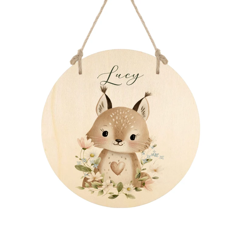 Personalisierte Holzschilder mit Namen – Süße Waldtiere Motive im Boho-Stil – Rundes Türschild & Wanddeko fürs Kinderzimmer 20cm