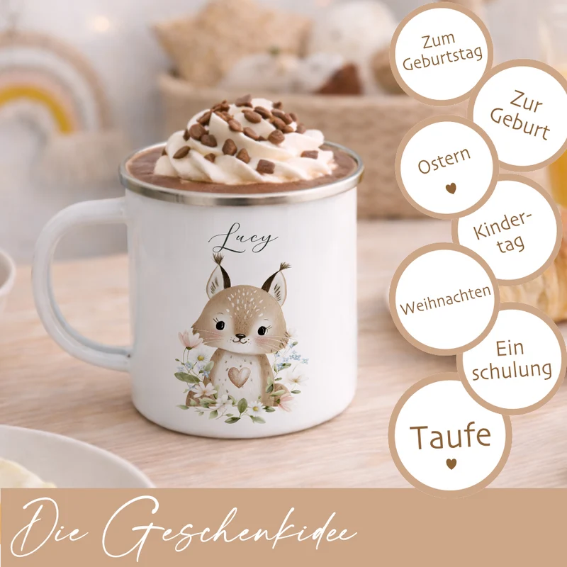 Personalisierte Emaille Tasse mit Namen – Süße Waldtiere Motive im Boho-Stil – Kinderbecher / Campingbecher 300ml