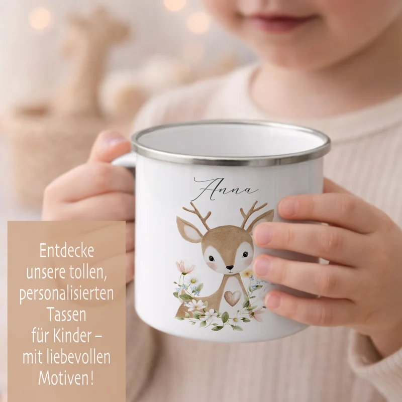 Personalisierte Emaille Tasse mit Namen – Süße Waldtiere Motive im Boho-Stil – Kinderbecher / Campingbecher 300ml
