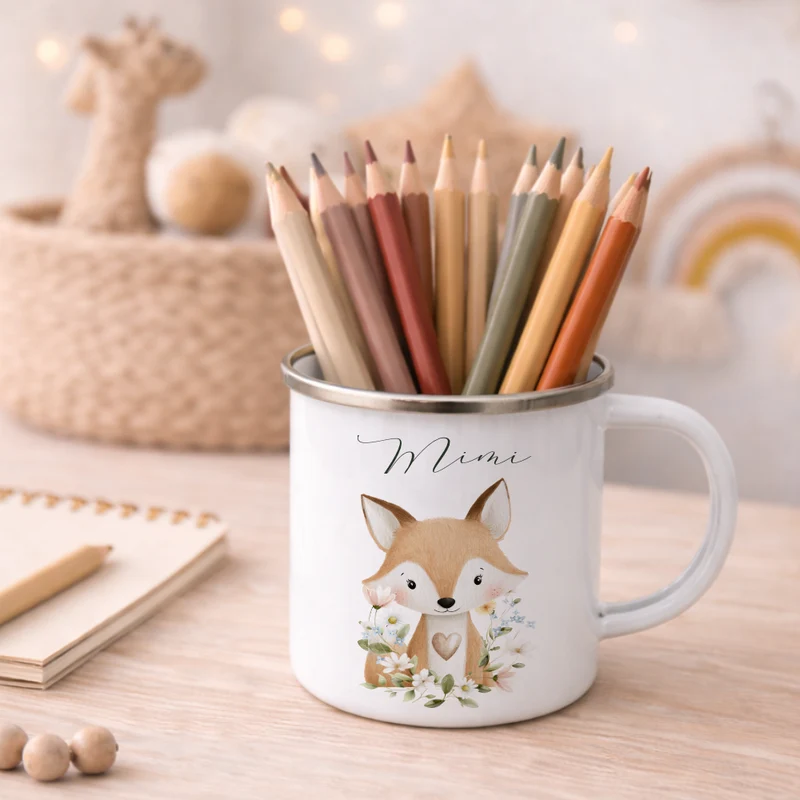 Personalisierte Emaille Tasse mit Namen – Süße Waldtiere Motive im Boho-Stil – Kinderbecher / Campingbecher 300ml