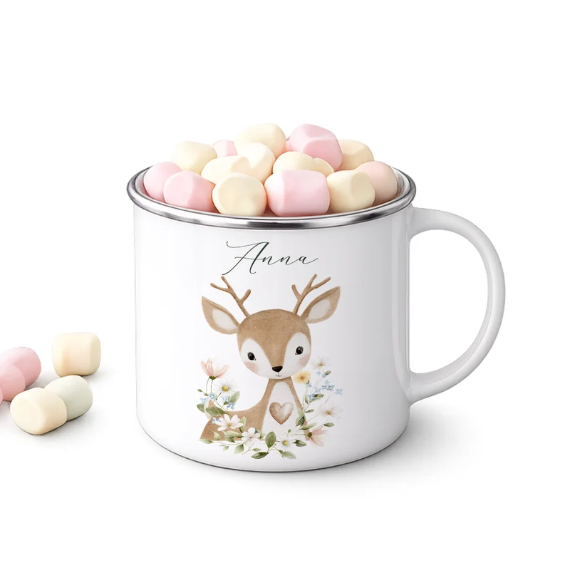Personalisierte Emaille Tasse mit Namen – Süße Waldtiere Motive im Boho-Stil – Kinderbecher / Campingbecher 300ml