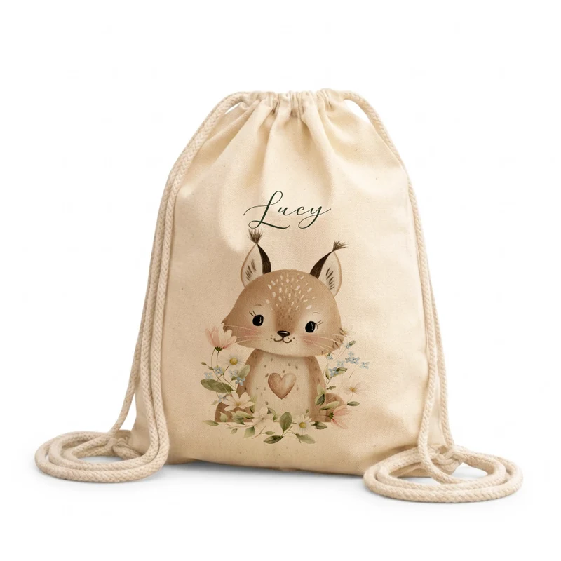 Personalisierter Kinder Turnbeutel mit Namen – Süße Waldtiere Motive im Boho-Stil – Robuster Rucksack in Canvas-Struktur für Kita & Schule