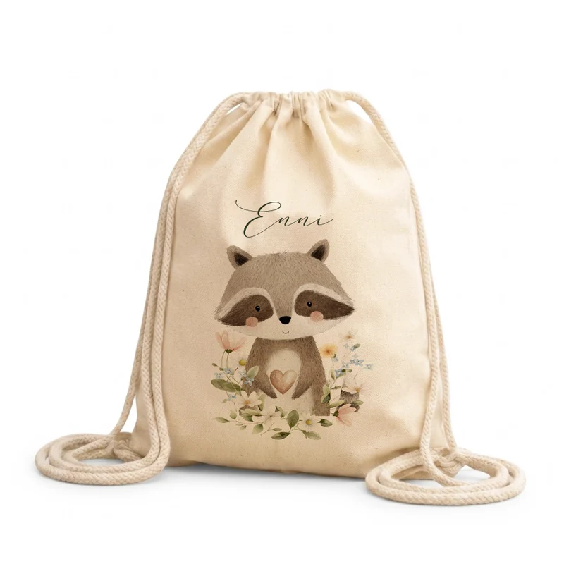 Personalisierter Kinder Turnbeutel mit Namen – Süße Waldtiere Motive im Boho-Stil – Robuster Rucksack in Canvas-Struktur für Kita & Schule