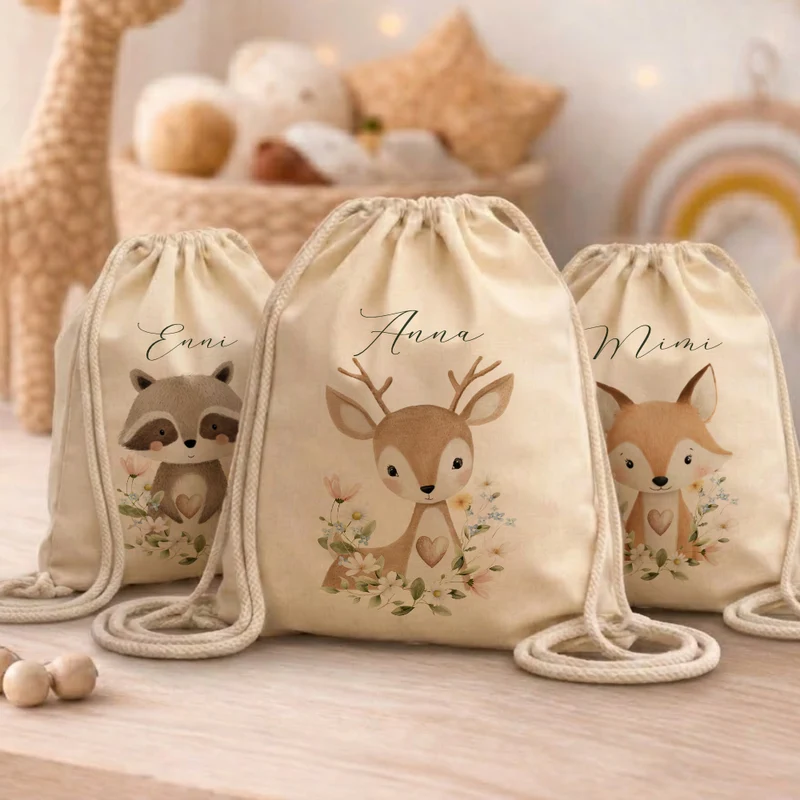 Personalisierter Kinder Turnbeutel mit Namen – Süße Waldtiere Motive im Boho-Stil – Robuster Rucksack in Canvas-Struktur für Kita & Schule