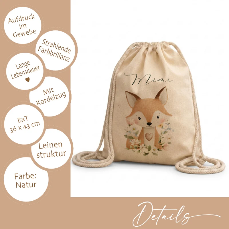 Personalisierter Kinder Turnbeutel mit Namen – Süße Waldtiere Motive im Boho-Stil – Robuster Rucksack in Canvas-Struktur für Kita & Schule