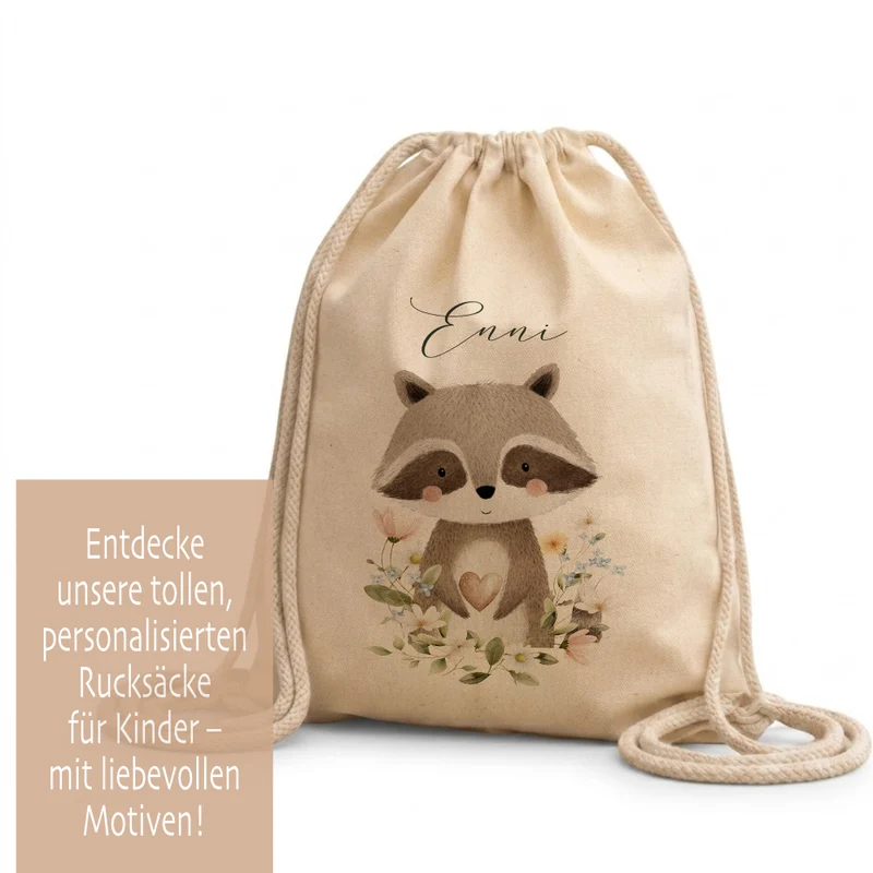 Personalisierter Kinder Turnbeutel mit Namen – Süße Waldtiere Motive im Boho-Stil – Robuster Rucksack in Canvas-Struktur für Kita & Schule