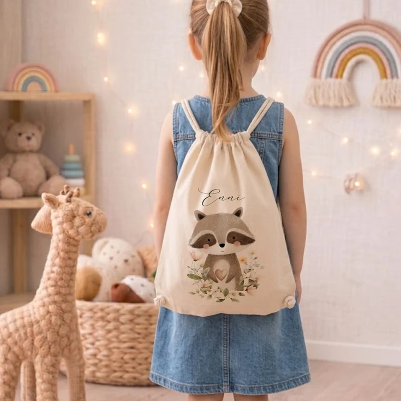 Personalisierter Kinder Turnbeutel mit Namen – Süße Waldtiere Motive im Boho-Stil – Robuster Rucksack in Canvas-Struktur für Kita & Schule