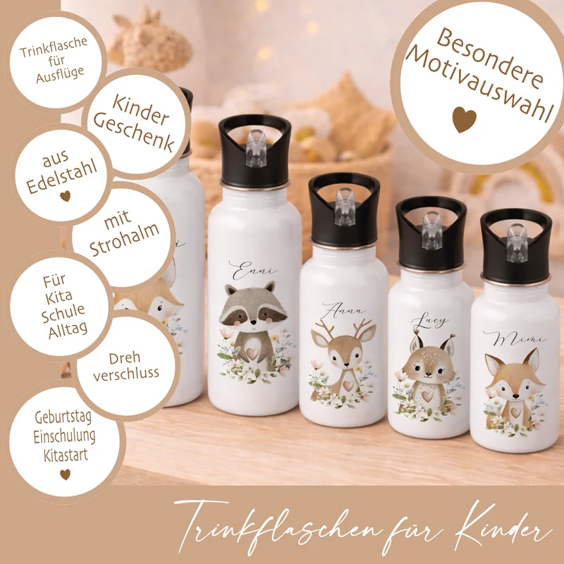 Personalisierte Edelstahl Trinkflasche mit Namen – Süße Waldtiere Motive im Boho-Stil – Kinderflasche mit Strohhalm in 3 Größen