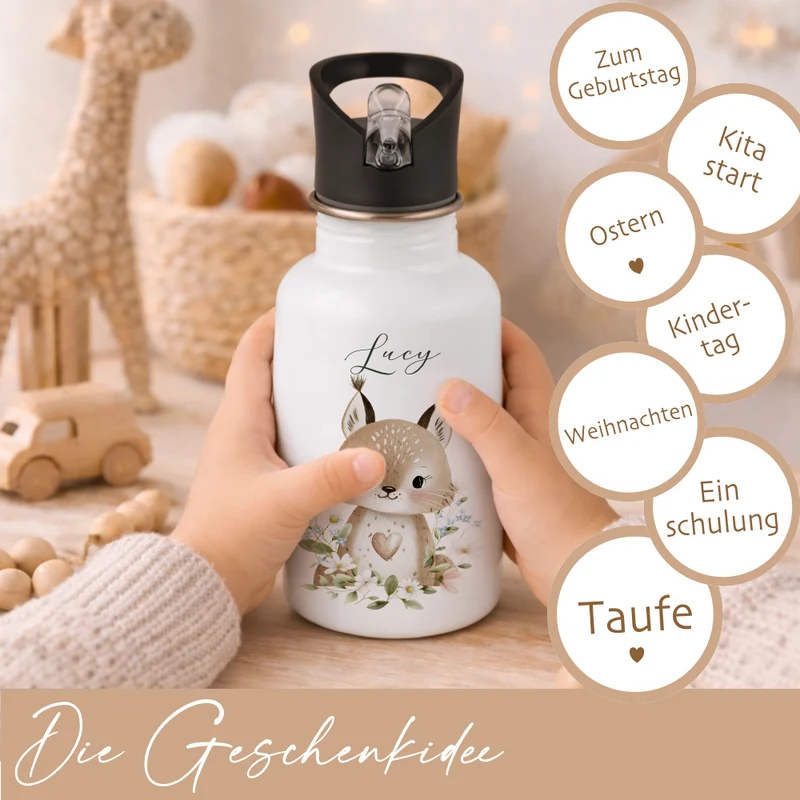 Personalisierte Edelstahl Trinkflasche mit Namen – Süße Waldtiere Motive im Boho-Stil – Kinderflasche mit Strohhalm in 3 Größen