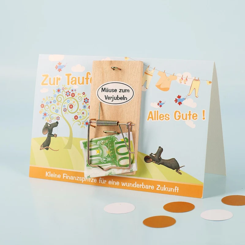 Geldgeschenk zur Taufe - Karte mit Mausefalle