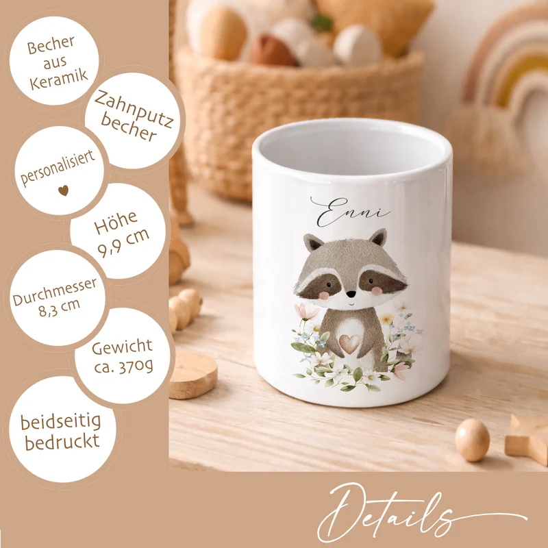 Personalisierter Zahnputzbecher aus Keramik mit Namen – Süße Waldtiere Motive im Boho-Stil – Kinder Zahnbürstenhalter fürs Badezimmer