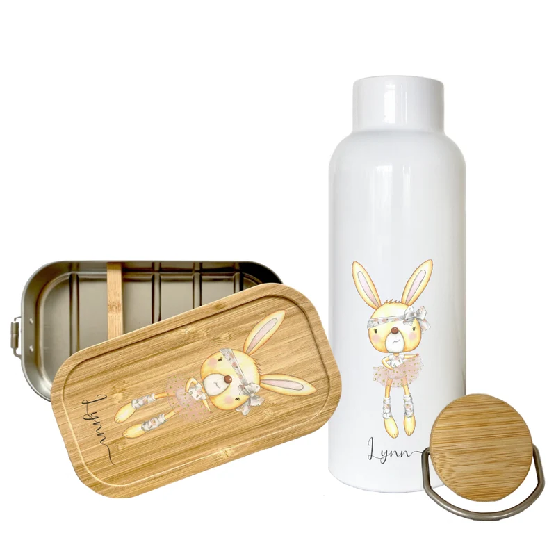 Trinkflasche mit Hasen u. Namen für Kinder | Personalisiertes Geschenk für Mädchen u. Jungen mit Häschen | 500 ml Isolierflasche aus Edelstahl mit Bambusdeckel | Als Set verfügbar mit Brotdose