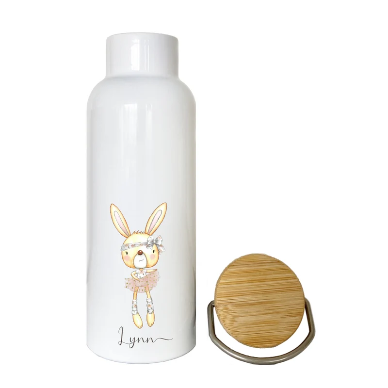 Trinkflasche mit Hasen u. Namen für Kinder | Personalisiertes Geschenk für Mädchen u. Jungen mit Häschen | 500 ml Isolierflasche aus Edelstahl mit Bambusdeckel | Als Set verfügbar mit Brotdose