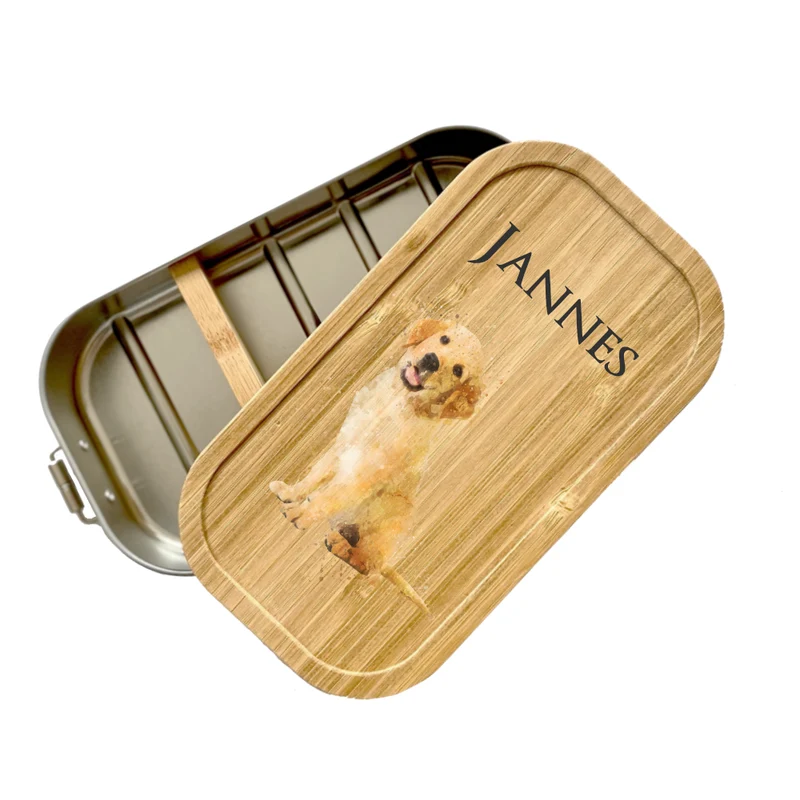 Brotdose "Hund " mit Tiermotiv und Bambusdeckel mit Namen für Kinder | Lunchbox mit Welpen | Personalisierte Geschenkidee für Mädchen u. Jungen