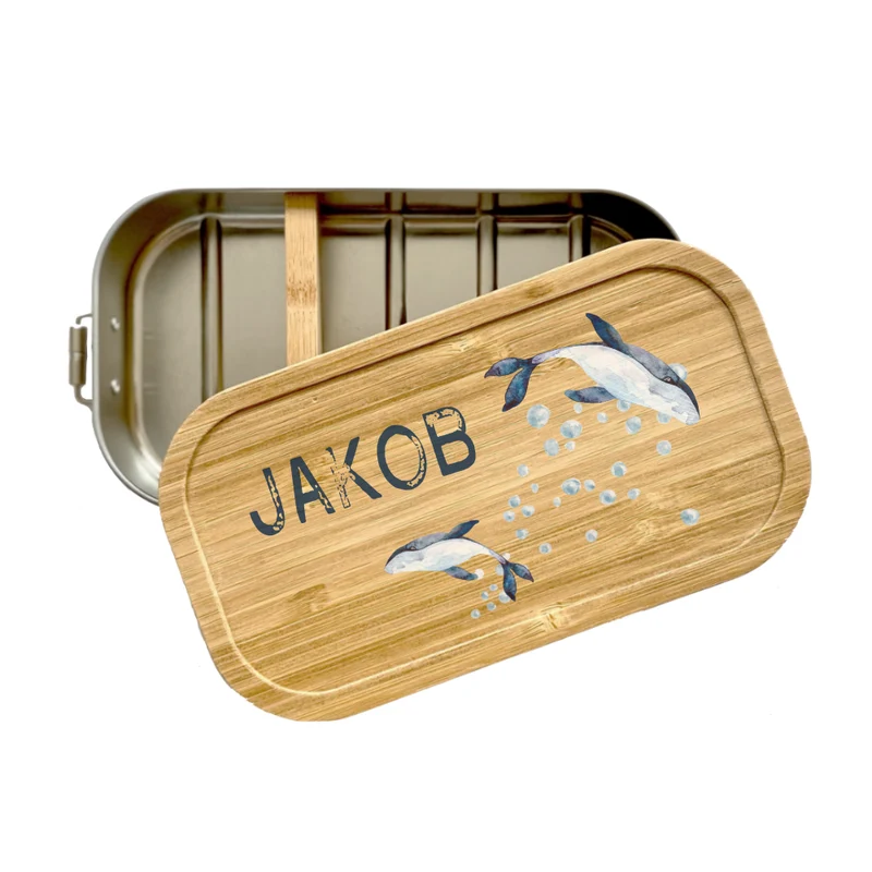 Brotdose "Wal" mit Bambusdeckel und Namen für Kinder | Lunchbox mit Meerestieren | Personalisiertes Geschenk für Kinder