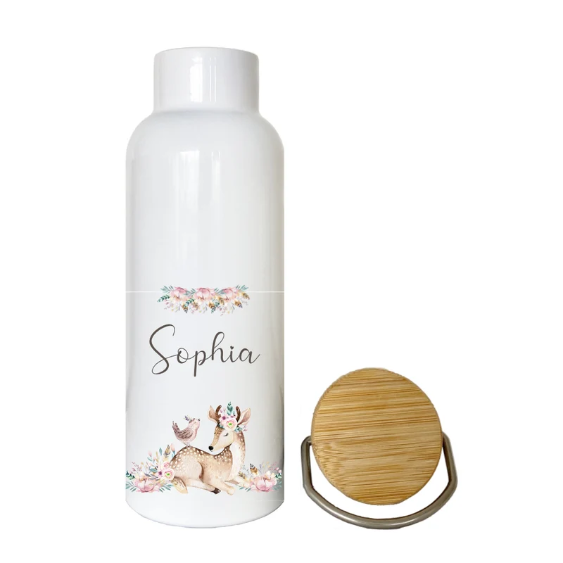 Trinkflasche mit Rehkitz u. Namen für Mädchen | Personalisiertes Geschenk für Kinder | 500 ml Isolierflasche aus Edelstahl mit Bambusdeckel | Als Set verfügbar mit Brotdose