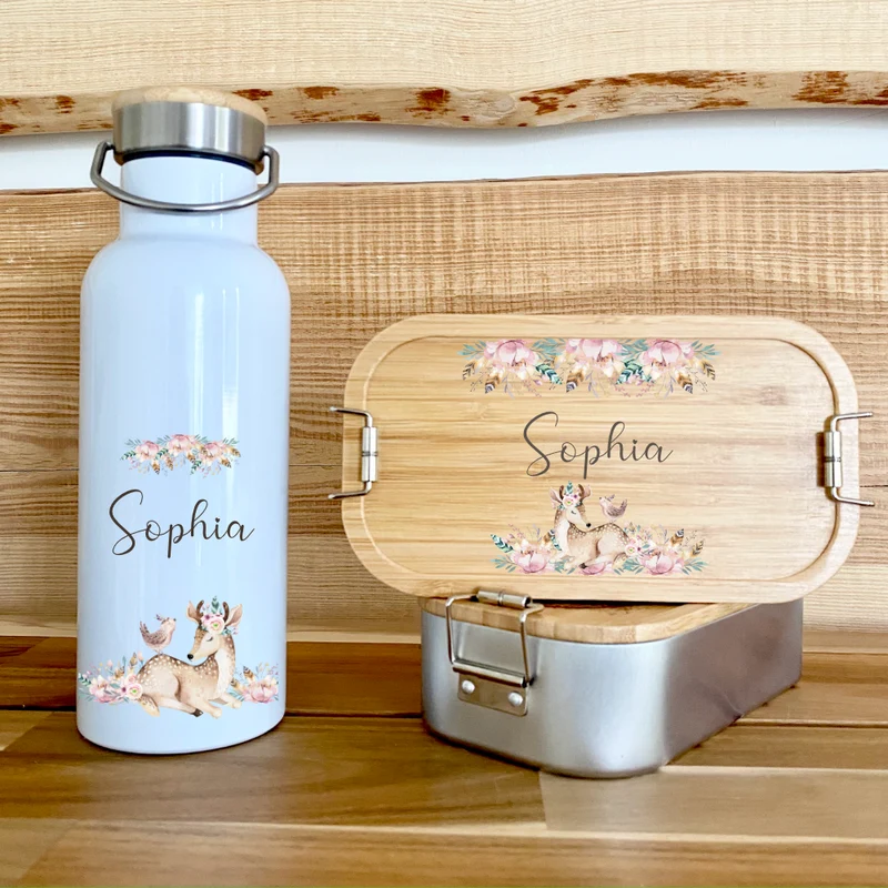 Trinkflasche mit Rehkitz u. Namen für Mädchen | Personalisiertes Geschenk für Kinder | 500 ml Isolierflasche aus Edelstahl mit Bambusdeckel | Als Set verfügbar mit Brotdose