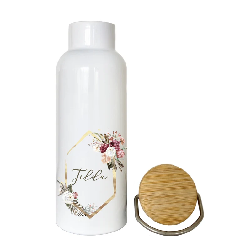 Trinkflasche mit Blumenkranz u. Namen im Boho Stil| Personalisiertes Geschenk | 500 ml Isolierflasche aus Edelstahl mit Bambusdeckel | Als Set verfügbar mit Brotdose