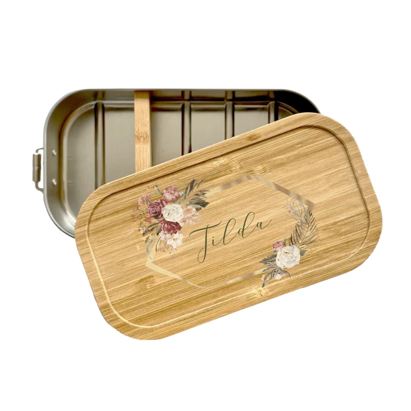 Trinkflasche mit Blumenkranz u. Namen im Boho Stil| Personalisiertes Geschenk | 500 ml Isolierflasche aus Edelstahl mit Bambusdeckel | Als Set verfügbar mit Brotdose