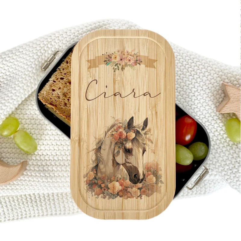 Brotdose "Pferd" wählbar in Edelstahl mit Bambusdeckel und Namen für Mädchen | Brotbox mit Pony | Personalisiertes Geschenk für Kinder