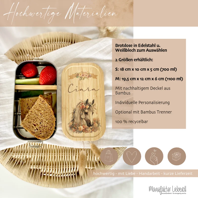 Brotdose "Pferd" wählbar in Edelstahl mit Bambusdeckel und Namen für Mädchen | Brotbox mit Pony | Personalisiertes Geschenk für Kinder
