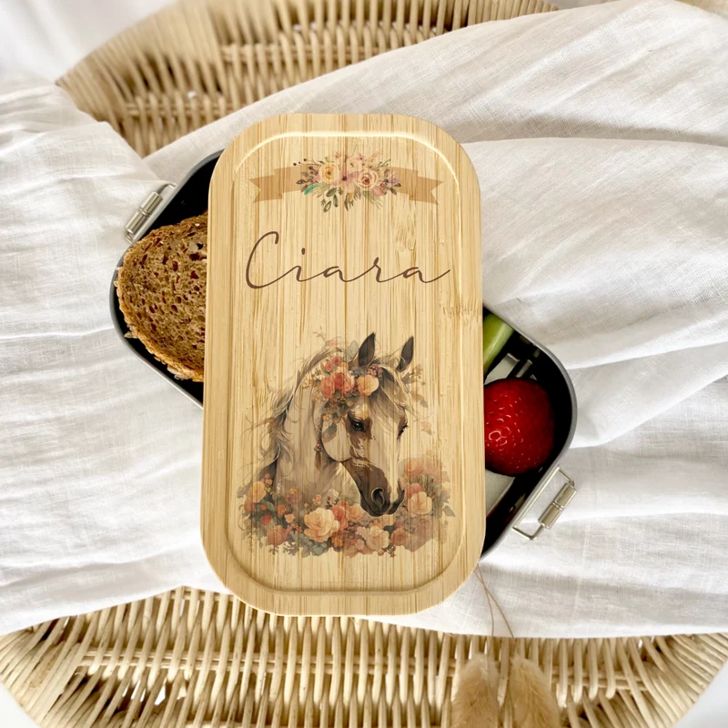 Brotdose "Pferd" wählbar in Edelstahl mit Bambusdeckel und Namen für Mädchen | Brotbox mit Pony | Personalisiertes Geschenk für Kinder