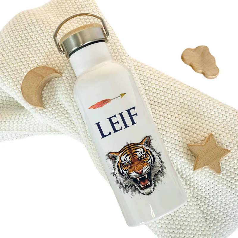 Kinder Trinkflasche "Tiger" für Jungen mit Namen | Thermosflasche Tier Edelstahl Teenager Kita Schule Geschenk