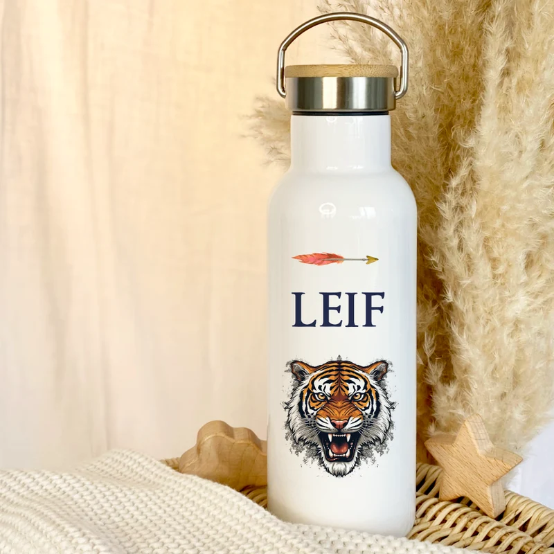Kinder Trinkflasche "Tiger" für Jungen mit Namen | Thermosflasche Tier Edelstahl Teenager Kita Schule Geschenk