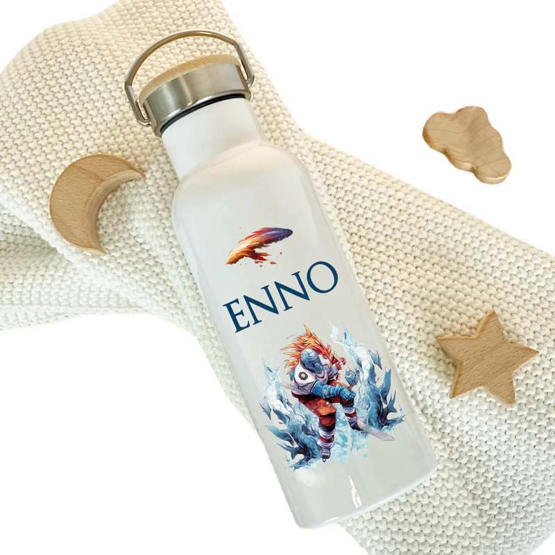 Kinder Trinkflasche "Eishockeyspieler" für Jungen mit Namen | Thermosflasche Eishockey aus Edelstahl für Teenager Kita Schule Geschenk