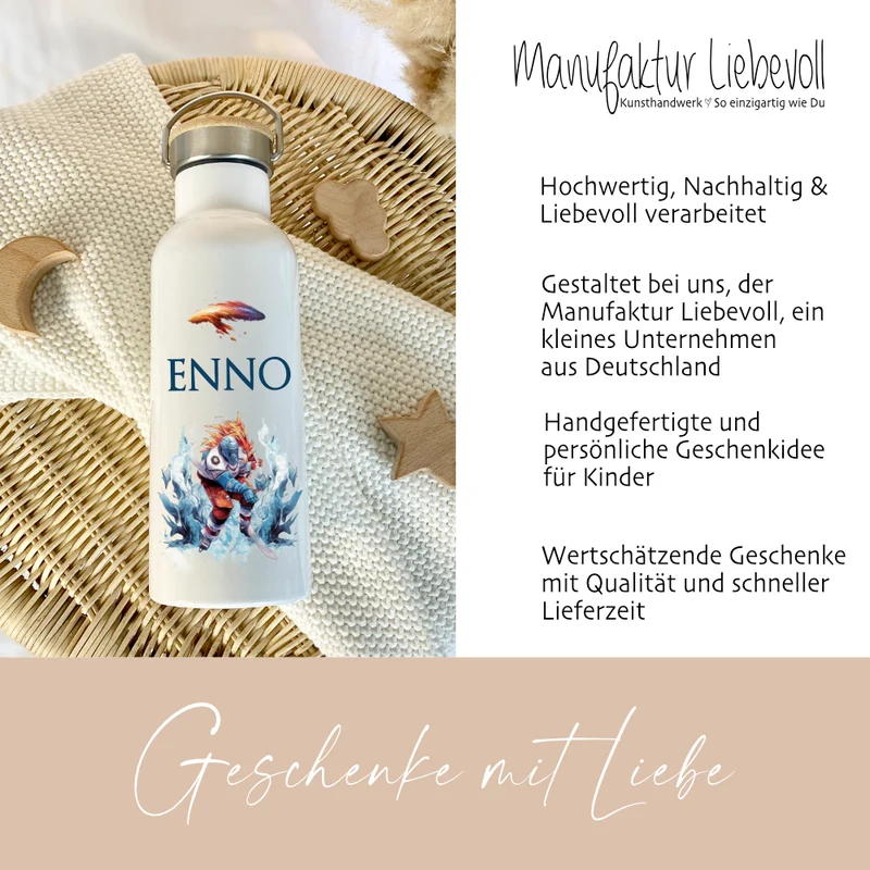 Kinder Trinkflasche "Eishockeyspieler" für Jungen mit Namen | Thermosflasche Eishockey aus Edelstahl für Teenager Kita Schule Geschenk