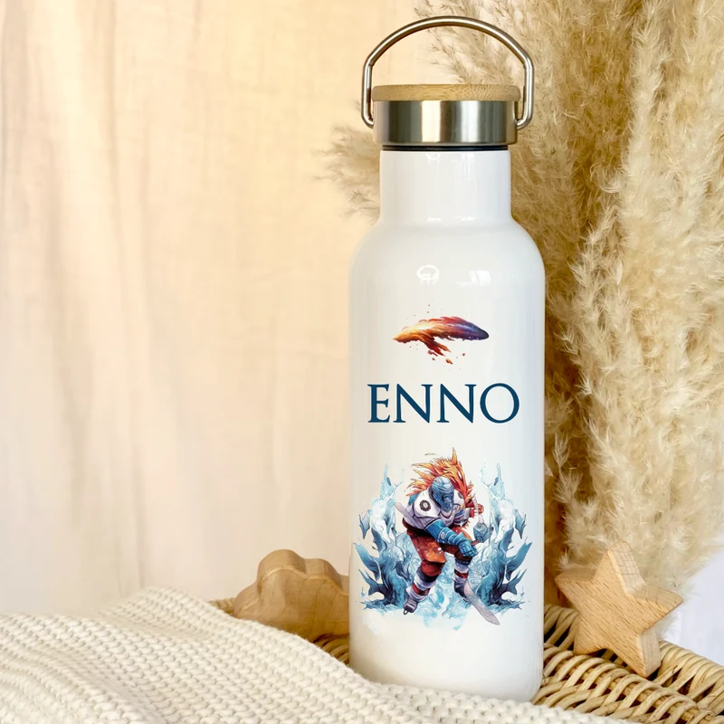 Kinder Trinkflasche "Eishockeyspieler" für Jungen mit Namen | Thermosflasche Eishockey aus Edelstahl für Teenager Kita Schule Geschenk