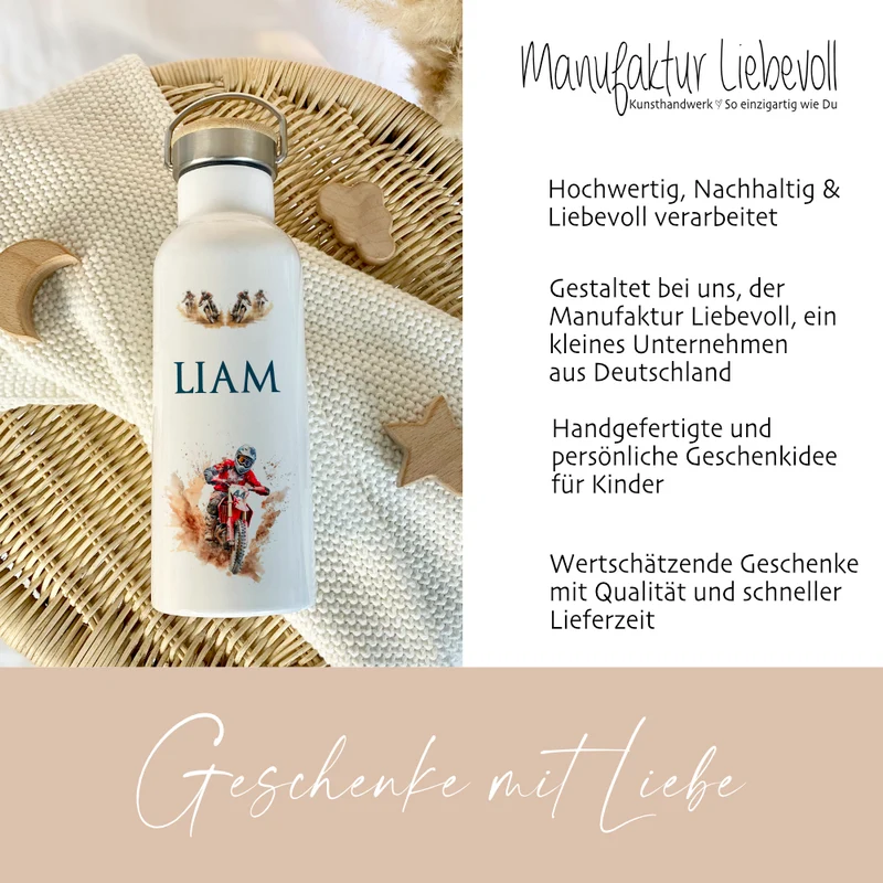 Kinder Trinkflasche "Motorrad" für Jungen mit Namen | Thermosflasche Motorradfahrer aus Edelstahl für Teenager Kita Schule Geschenk