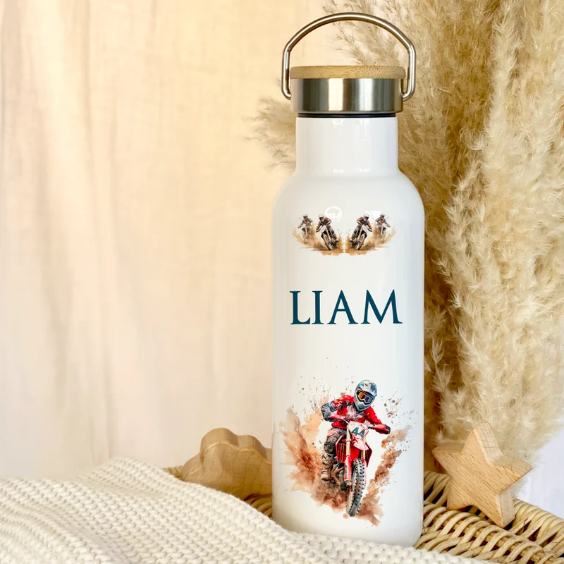 Kinder Trinkflasche "Motorrad" für Jungen mit Namen | Thermosflasche Motorradfahrer aus Edelstahl für Teenager Kita Schule Geschenk