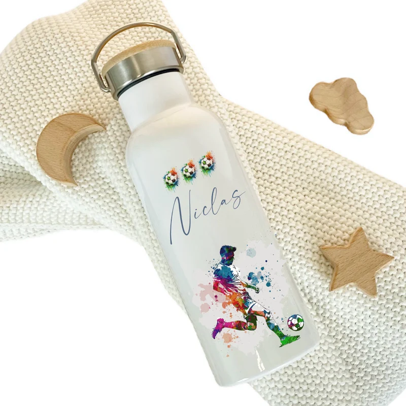 Personalisierte Kinder Trinkflasche "Fußballspieler" für Jungen mit Namen | Thermosflasche Fußballer aus Edelstahl für Teenager Kita Schule | 500ml