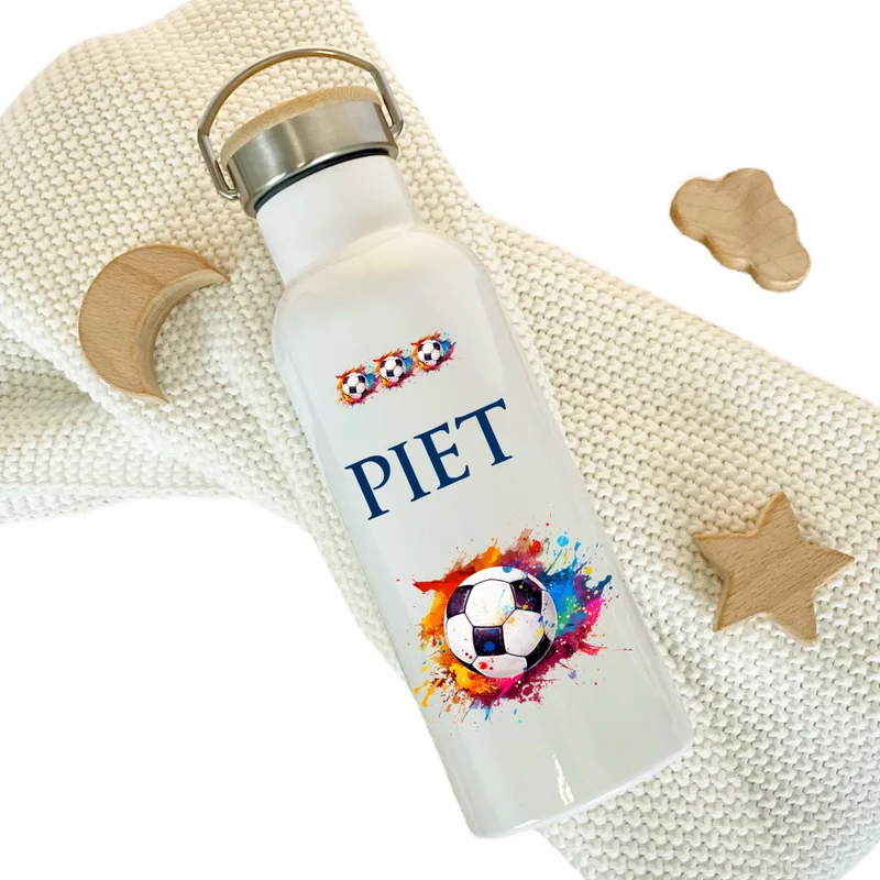 Personalisierte Kinder Trinkflasche "Fußball" für Jungen / Mädchen mit Namen | Thermosflasche Sport aus Edelstahl für Teenager Kita Schule | 500ml