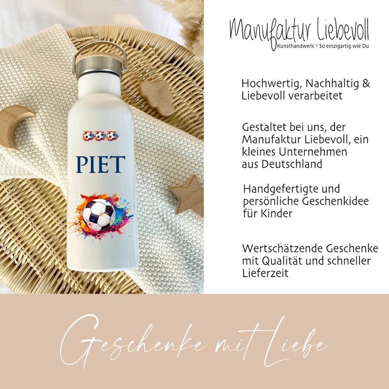 Personalisierte Kinder Trinkflasche "Fußball" für Jungen / Mädchen mit Namen | Thermosflasche Sport aus Edelstahl für Teenager Kita Schule | 500ml