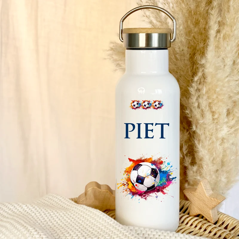 Personalisierte Kinder Trinkflasche "Fußball" für Jungen / Mädchen mit Namen | Thermosflasche Sport aus Edelstahl für Teenager Kita Schule | 500ml