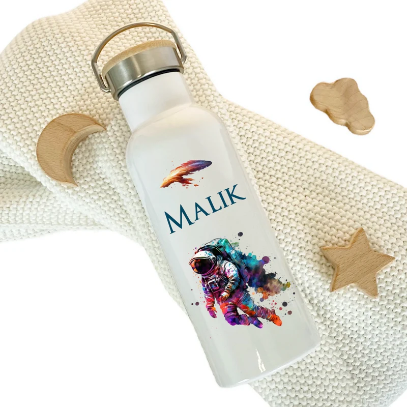 Personalisierte Kinder Trinkflasche "Astronaut" für Jungen mit Namen | Thermosflasche Weltall aus Edelstahl für Teenager Kita Schule | 500ml