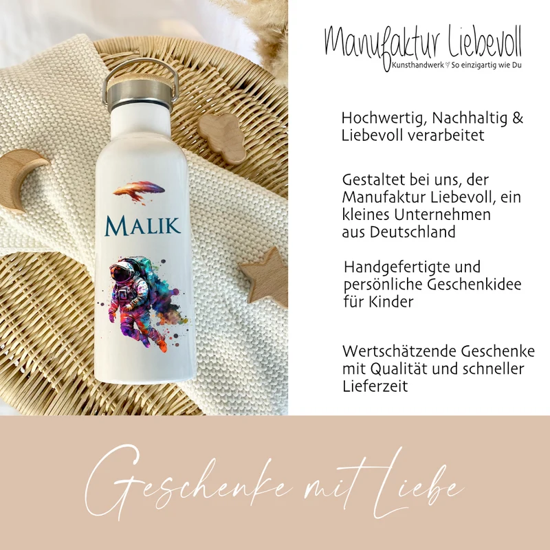 Personalisierte Kinder Trinkflasche "Astronaut" für Jungen mit Namen | Thermosflasche Weltall aus Edelstahl für Teenager Kita Schule | 500ml