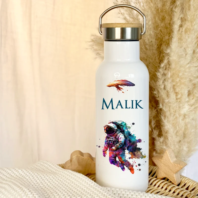 Personalisierte Kinder Trinkflasche "Astronaut" für Jungen mit Namen | Thermosflasche Weltall aus Edelstahl für Teenager Kita Schule | 500ml