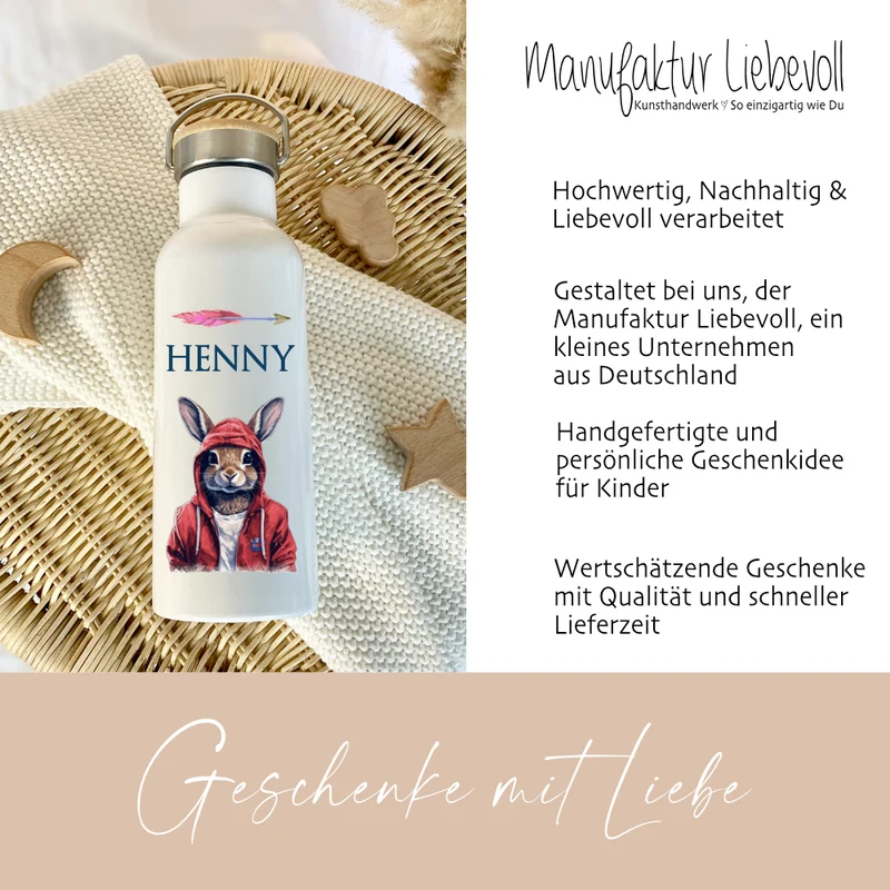 Kinder Trinkflasche "cooler Hase" personalisiert für Jungen / Teenager mit Namen | Edelstahl Thermosflasche Tiermotiv mit Bambusdeckel | Kita Schule 500ml
