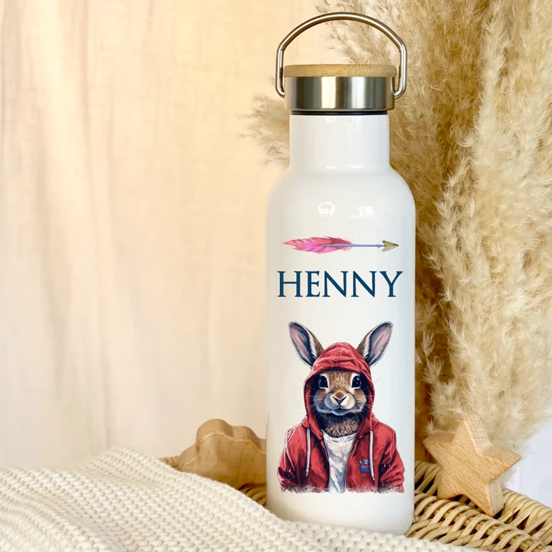 Kinder Trinkflasche "cooler Hase" personalisiert für Jungen / Teenager mit Namen | Edelstahl Thermosflasche Tiermotiv mit Bambusdeckel | Kita Schule 500ml