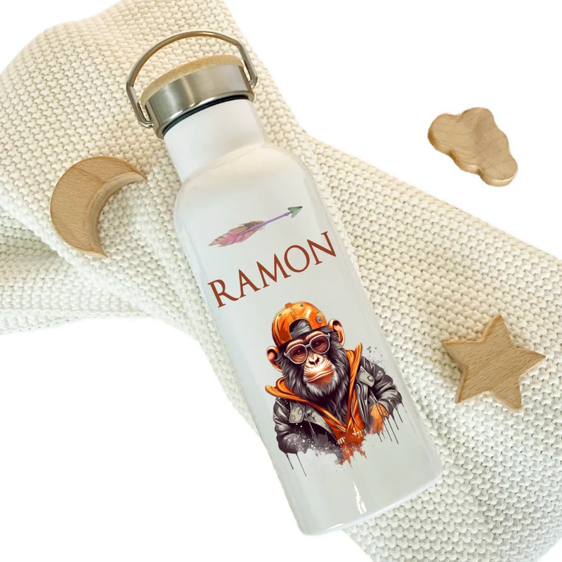 Kinder Trinkflasche "Affe" personalisiert für Jungen / Teenager mit Namen | Edelstahl Thermosflasche Schimpanse mit Bambusdeckel | Kita Schule 500ml