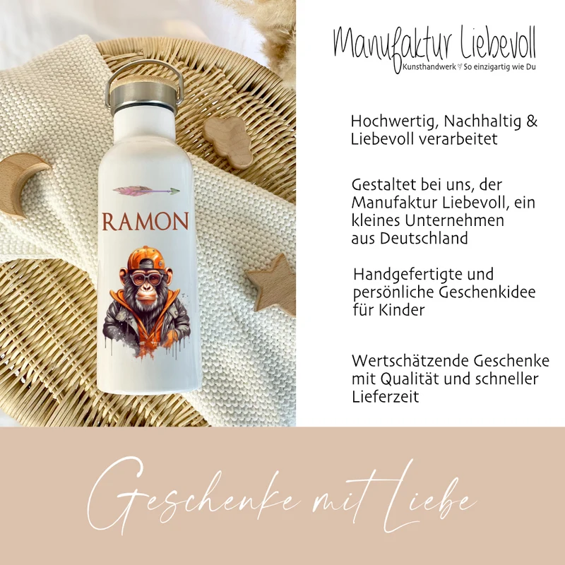 Kinder Trinkflasche "Affe" personalisiert für Jungen / Teenager mit Namen | Edelstahl Thermosflasche Schimpanse mit Bambusdeckel | Kita Schule 500ml