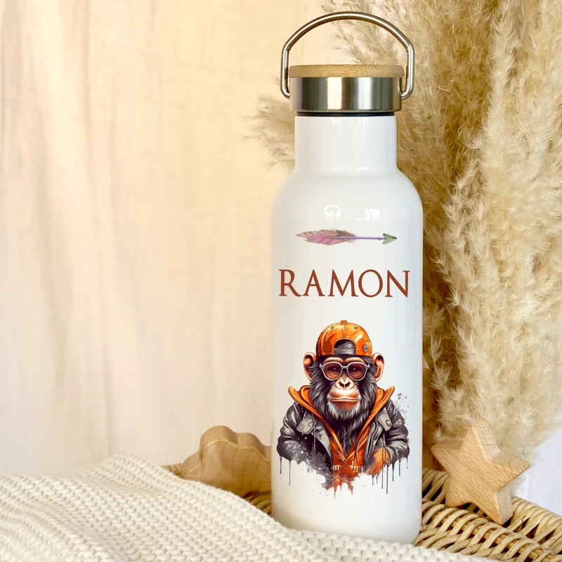 Kinder Trinkflasche "Affe" personalisiert für Jungen / Teenager mit Namen | Edelstahl Thermosflasche Schimpanse mit Bambusdeckel | Kita Schule 500ml