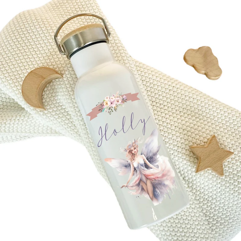 Trinkflasche "Elfen Fee" für Mädchen personalisiert mit Namen | Thermosflasche aus Edelstahl mit Bambusdeckel für Kinder Teenager Schule Kita 500ml